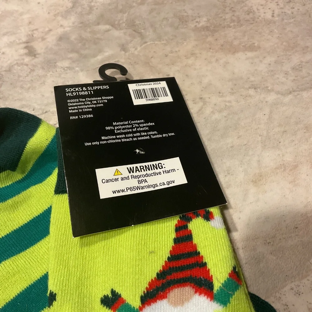 The Christmas Shoppe Gnome Socks green striped adult size